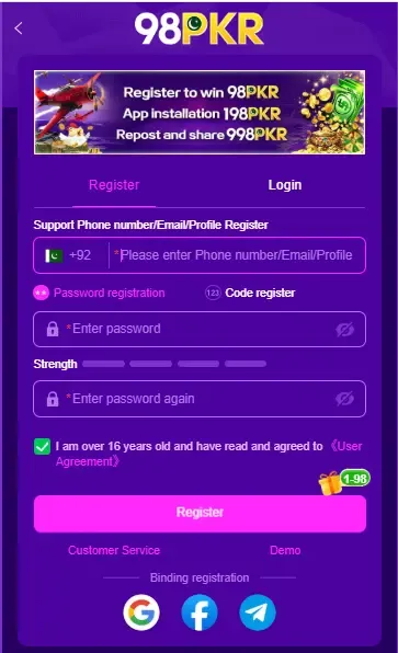 98pkr game login and register