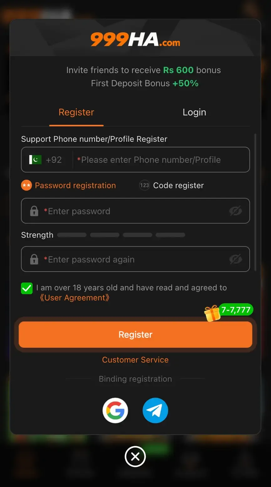 999ha game register and login